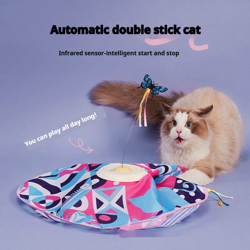 Automatic double stick cat toy with infrared sensor and colorful design, perfect for engaging pets all day.